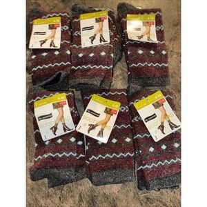 6 Pair No Nonsense Mid Calf Diamond Pattern Crew Boot Socks Size 4-10 Gray/red